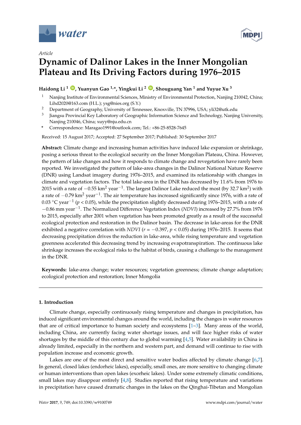 Dynamic of Dalinor Lakes in the Inner Mongolian Plateau and Its Driving Factors During 1976–2015