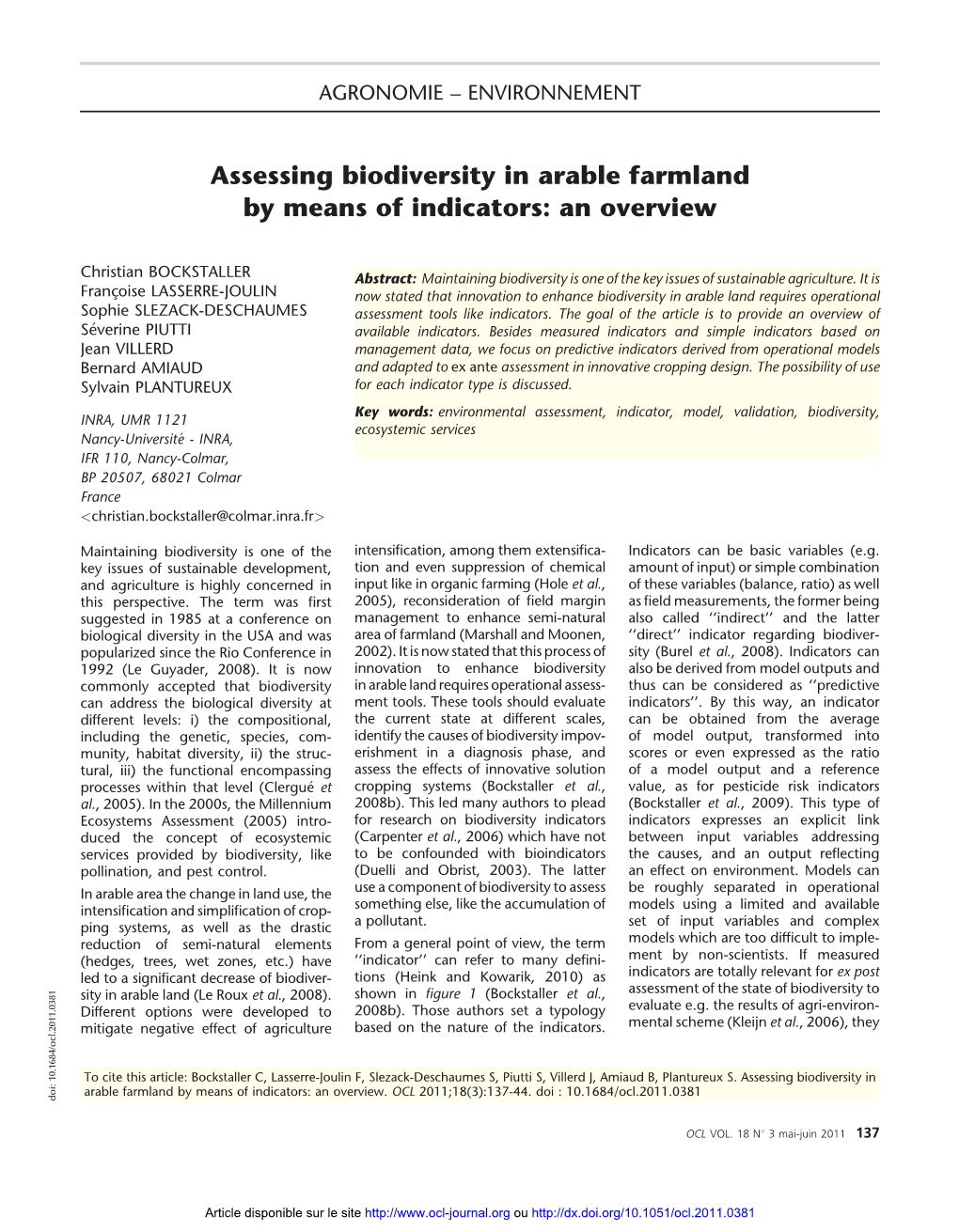 Assessing Biodiversity in Arable Farmland by Means of Indicators: an Overview