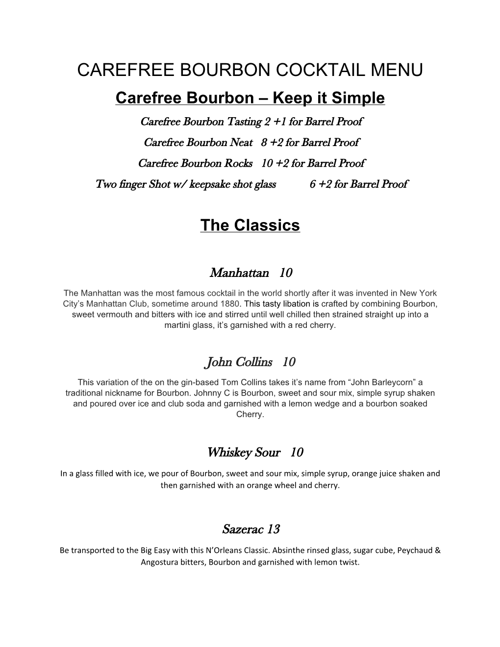 Carefree Bourbon Cocktail Menu