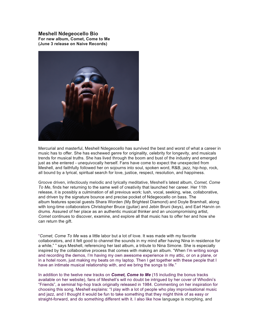 Meshell Ndegeocello Bio for New Album, Comet, Come to Me (June 3 Release on Naive Records)