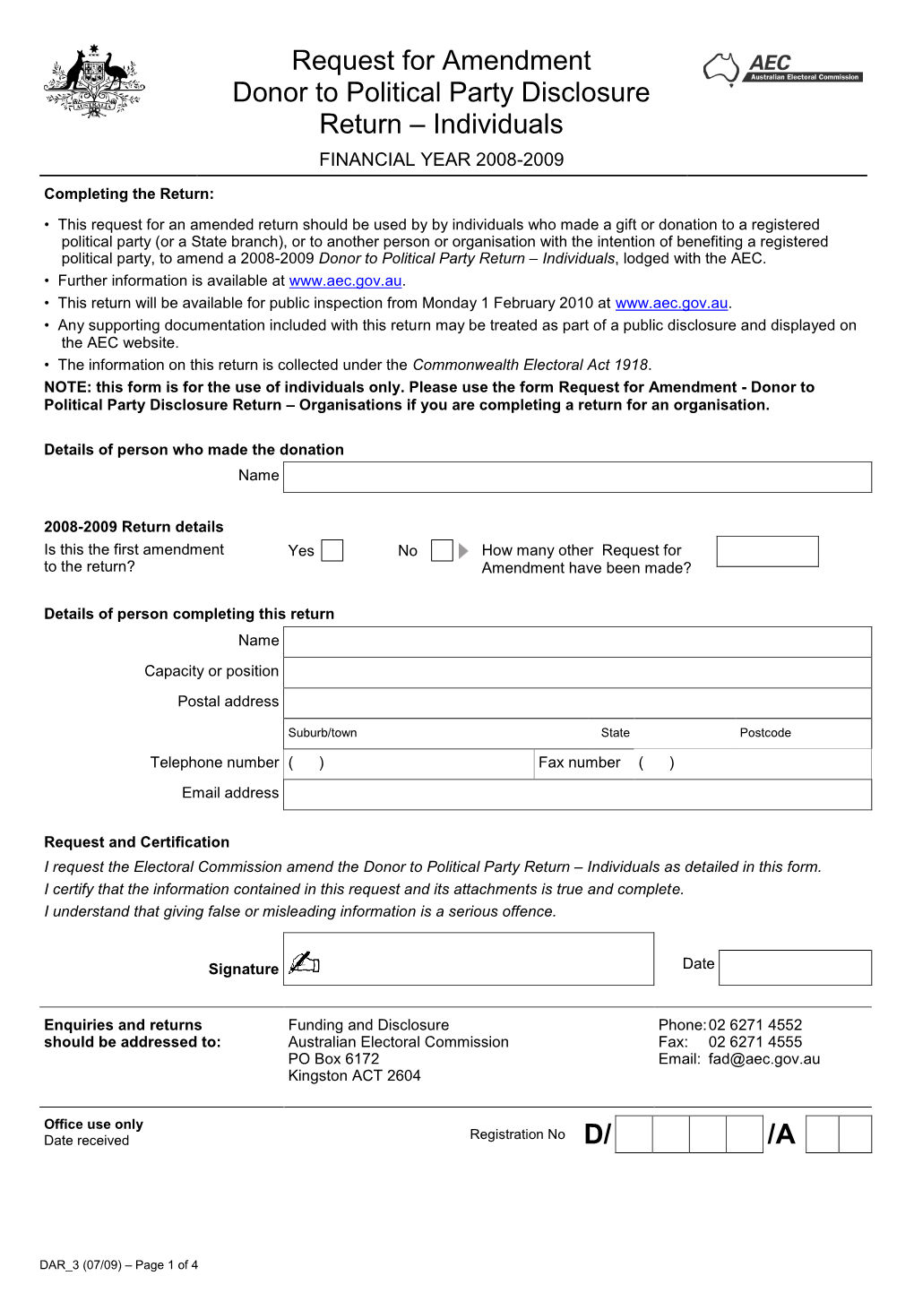 Request for Amendment Donor to Political Party Disclosure