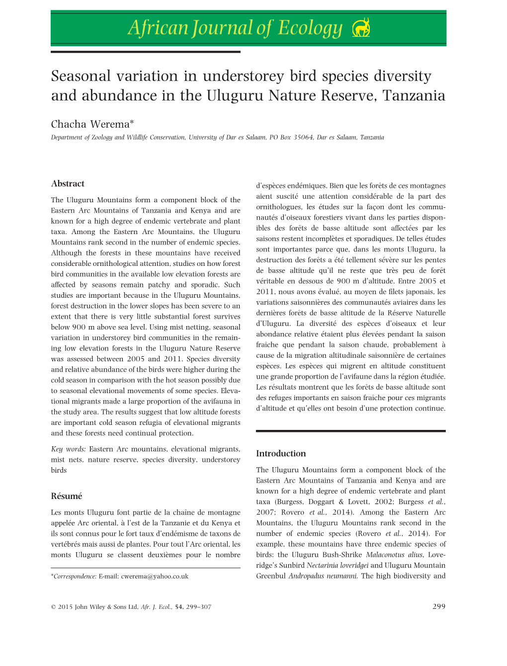 Seasonal Variation in Understorey Bird Species Diversity and Abundance in the Uluguru Nature Reserve, Tanzania