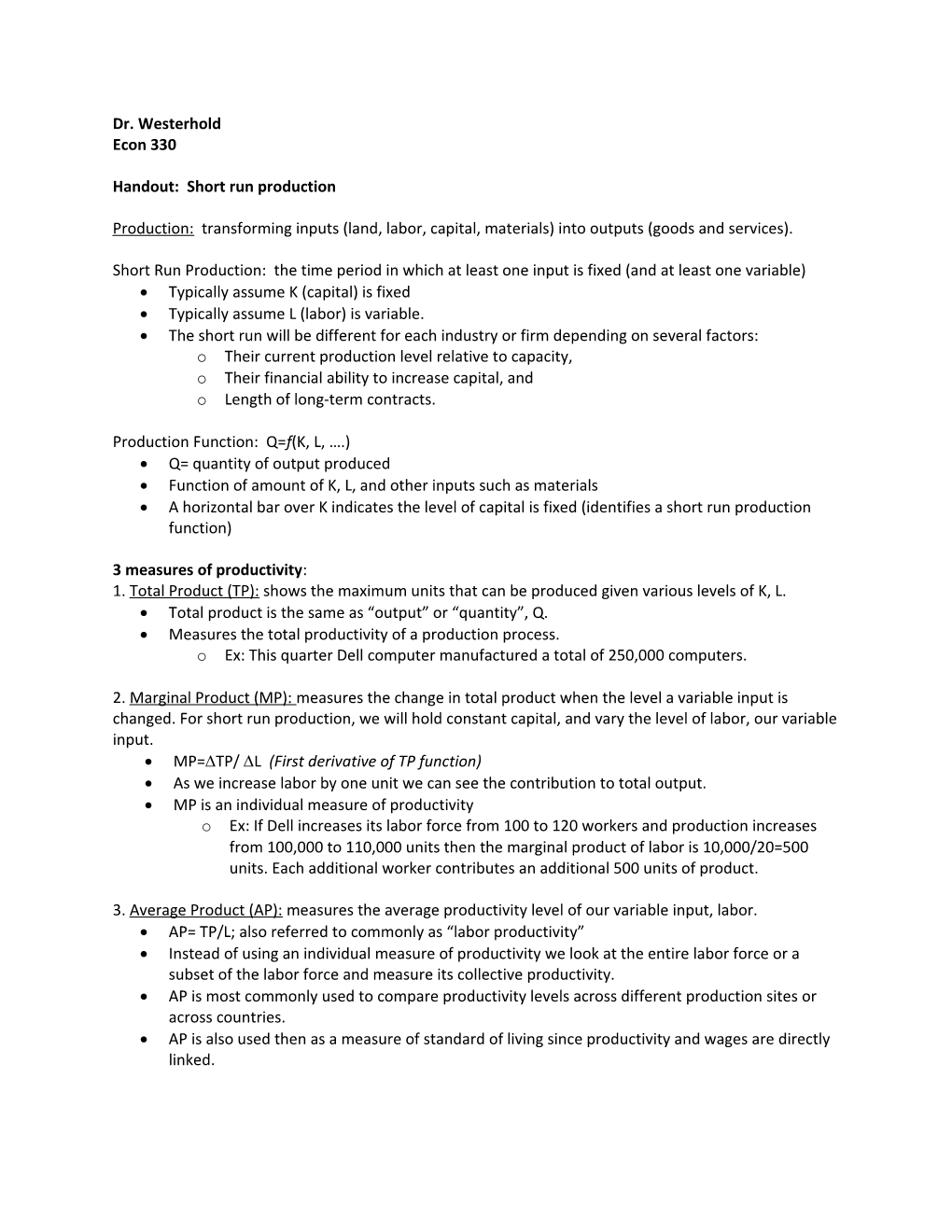 Chapter 6: Short Run Production And Cost