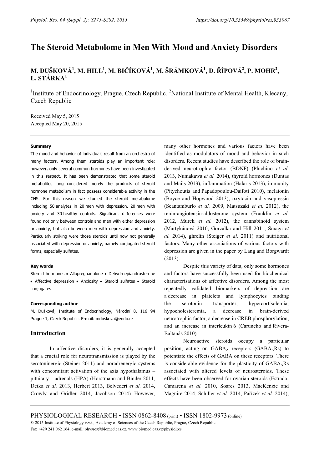 The Steroid Metabolome in Men with Mood and Anxiety Disorders