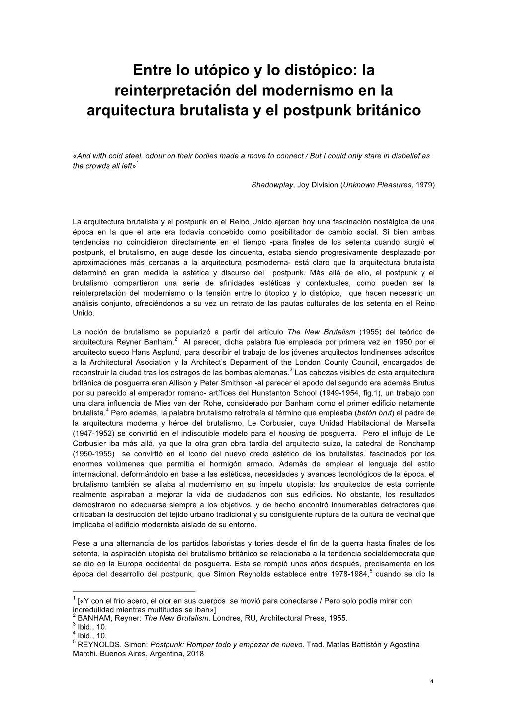 Entre Lo Utópico Y Lo Distópico: La Reinterpretación Del Modernismo En La Arquitectura Brutalista Y El Postpunk Británico