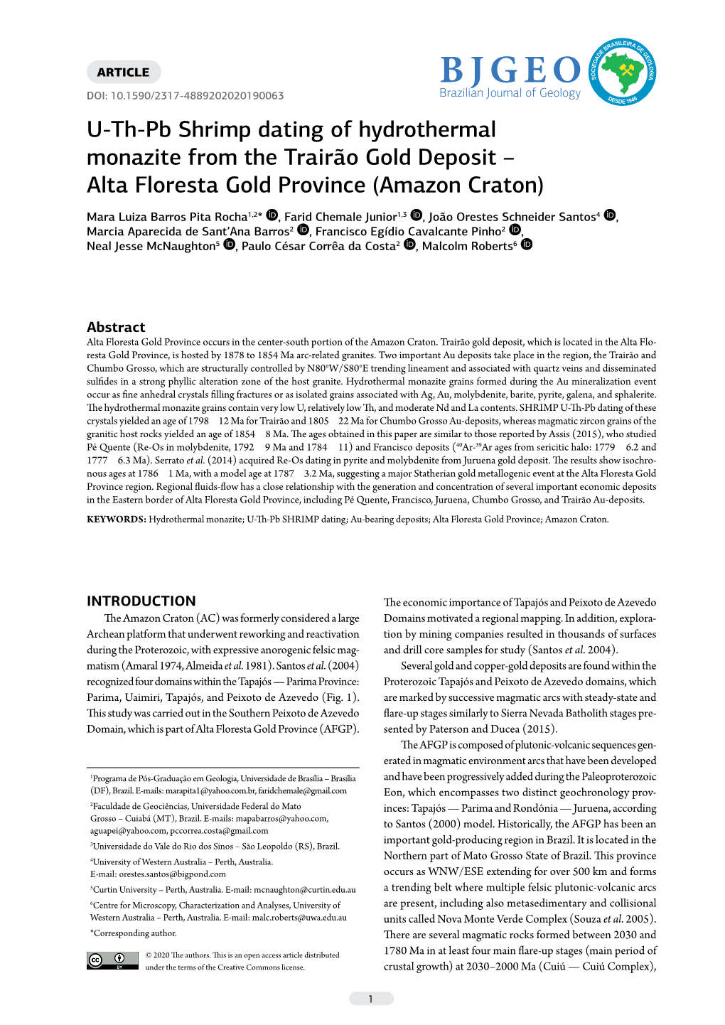 U-Th-Pb Shrimp Dating of Hydrothermal Monazite from the Trairão Gold Deposit – Alta Floresta Gold Province (Amazon Craton)