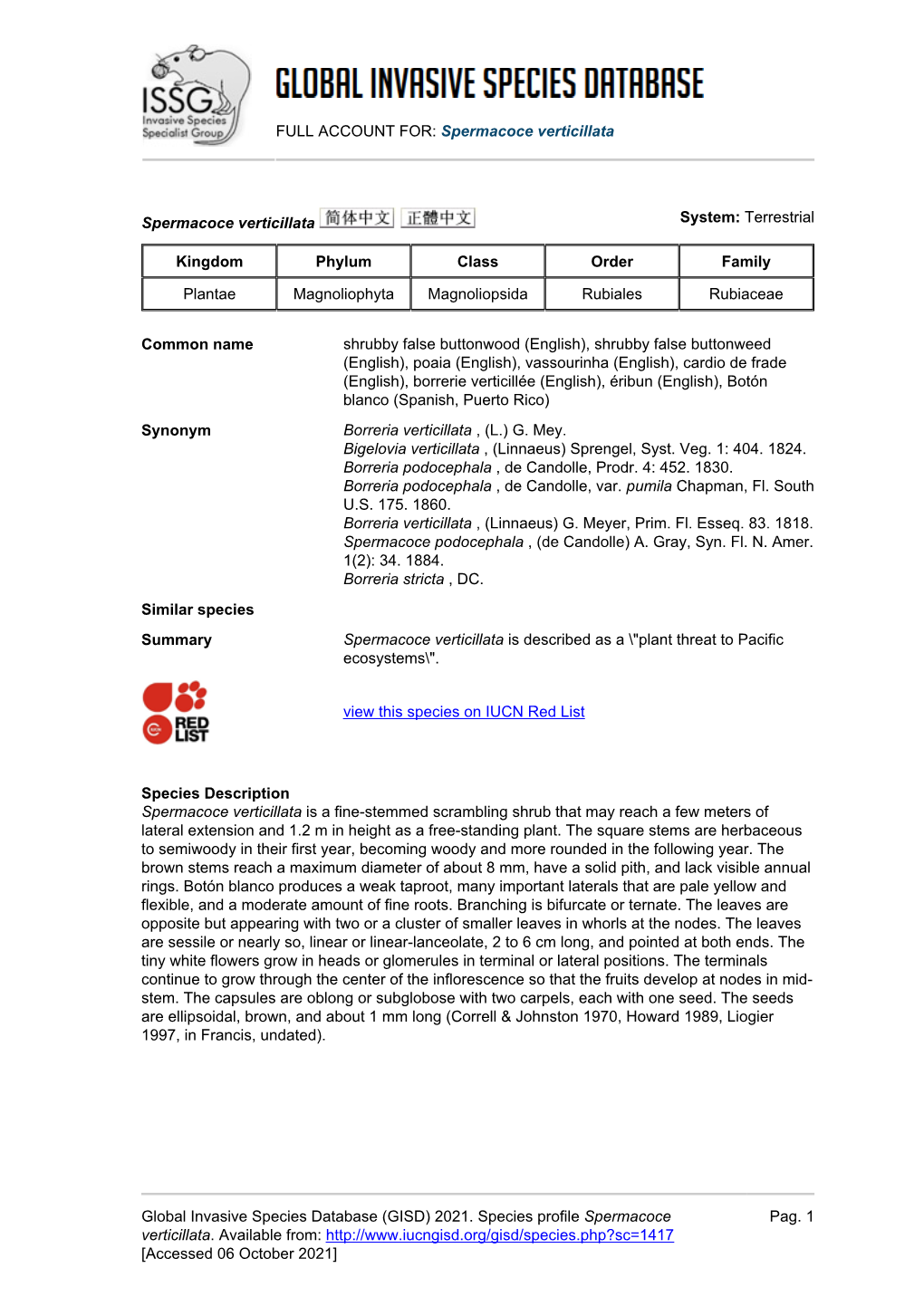 (GISD) 2021. Species Profile Spermacoce Verticillata