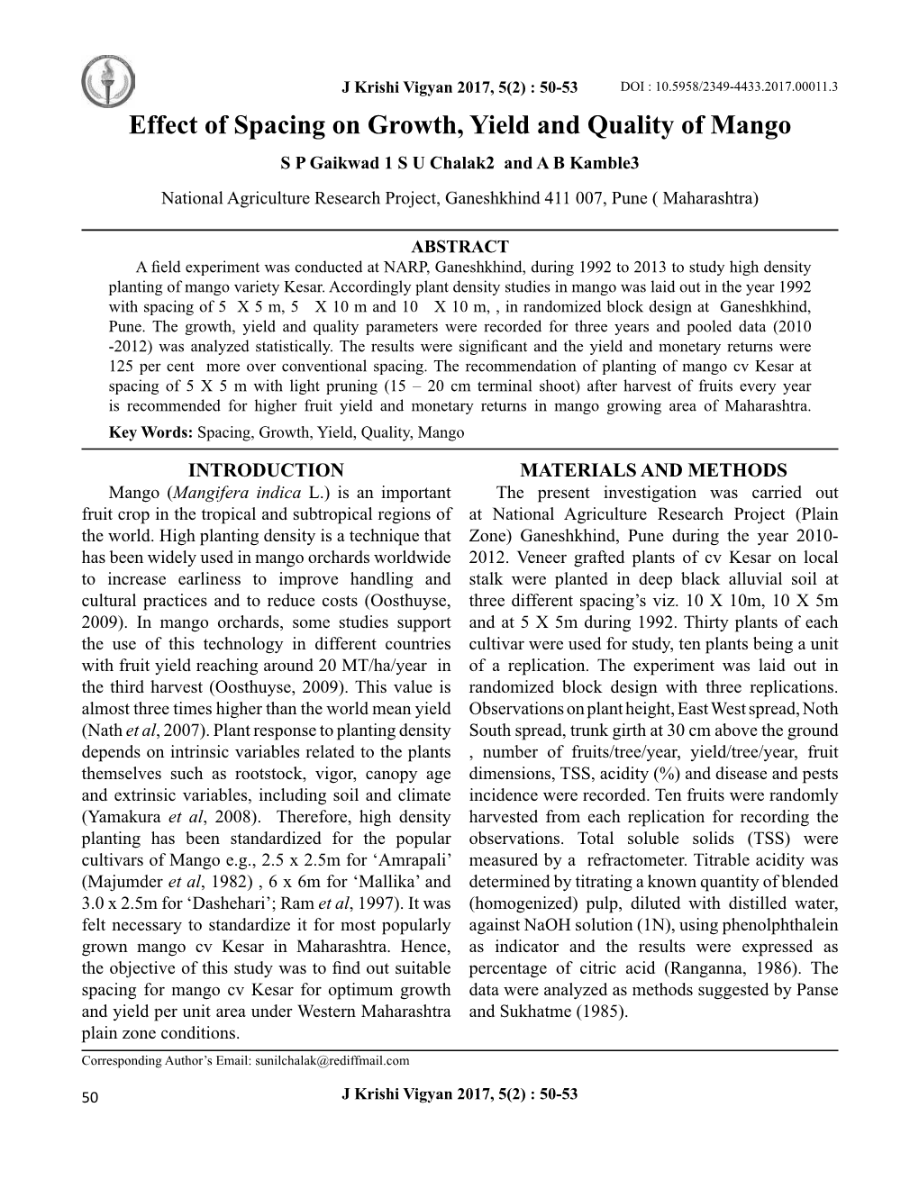 Effect of Spacing on Growth, Yield and Quality of Mango