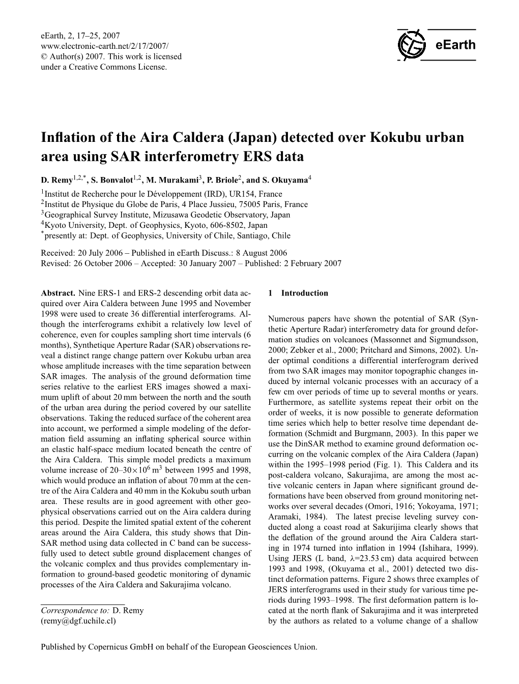 Inflation of the Aira Caldera (Japan) Detected Over