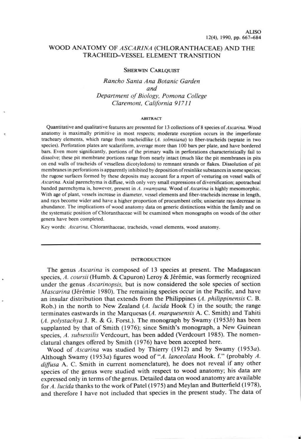 Wood Anatomy of Ascarina (Chloranthaceae) and the Tracheid-Vessel Element Transition