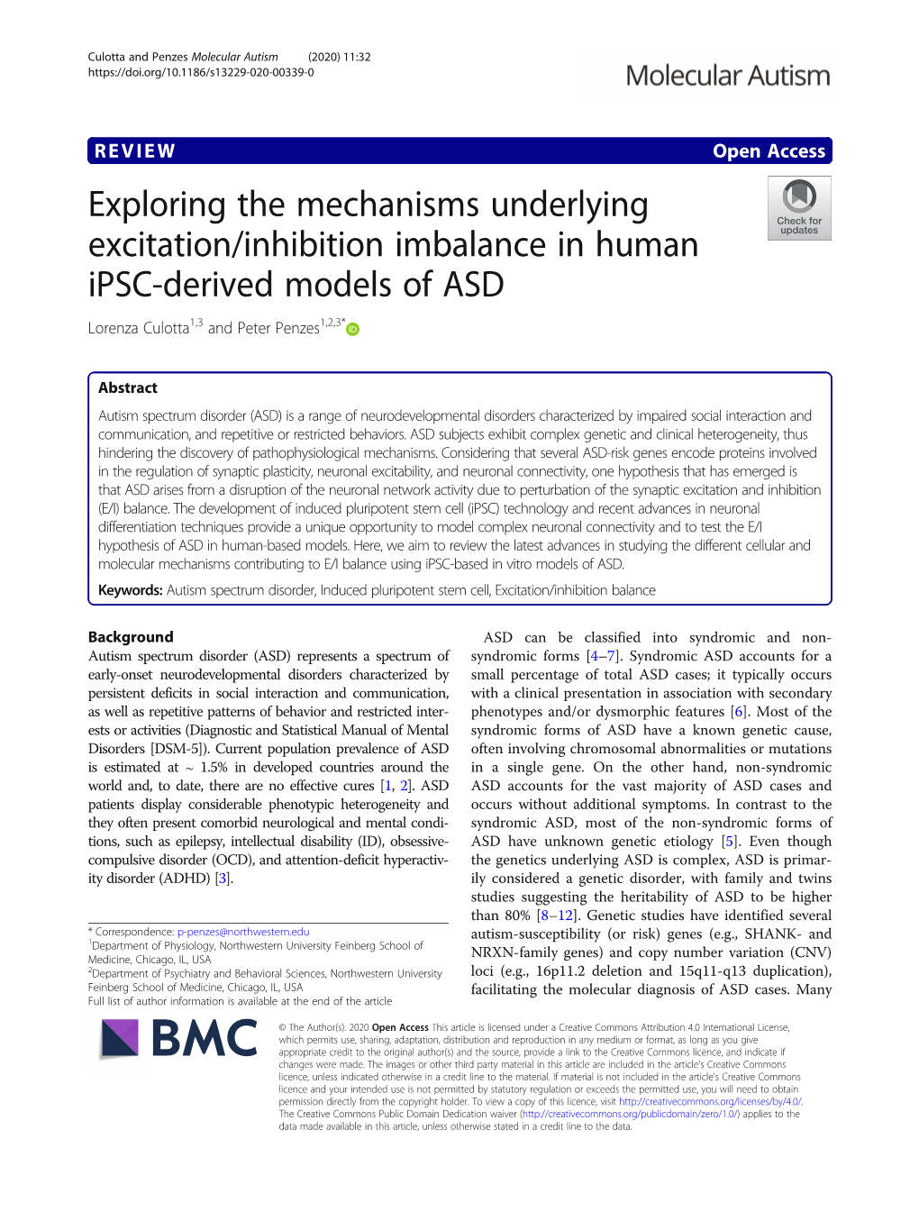 Exploring the Mechanisms Underlying Excitation/Inhibition Imbalance in Human Ipsc-Derived Models of ASD Lorenza Culotta1,3 and Peter Penzes1,2,3*