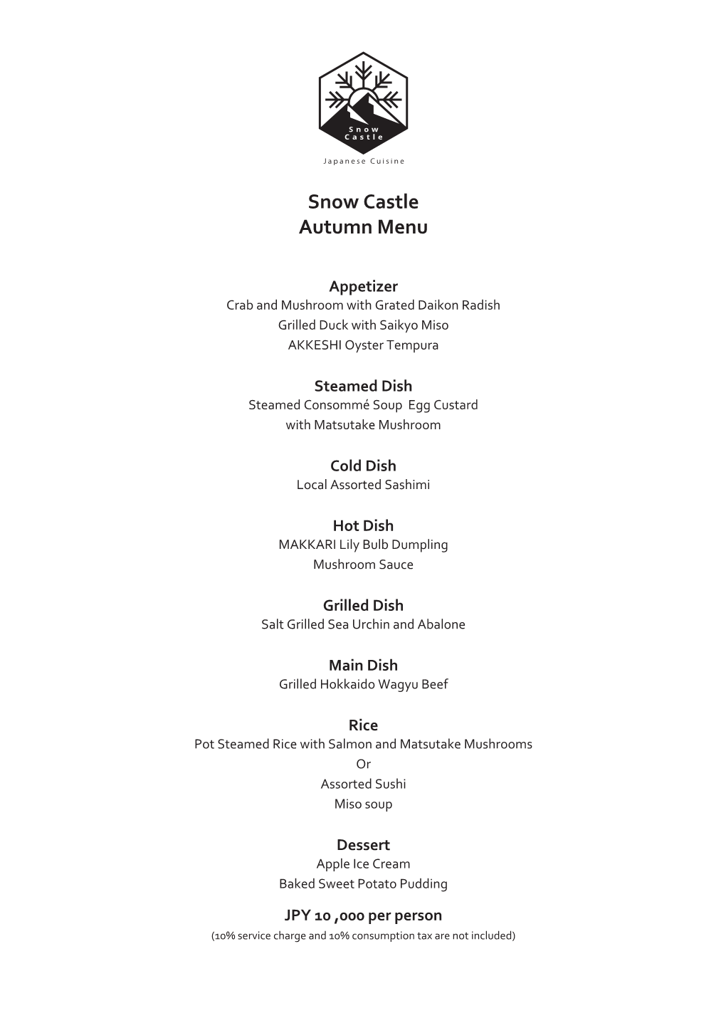 Snow Castle Autumn Menu