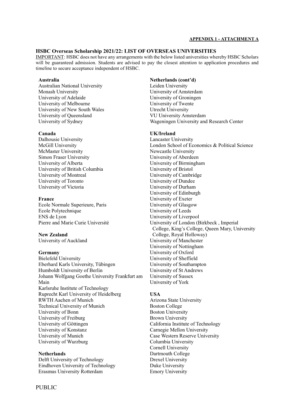 LIST of OVERSEAS UNIVERSITIES IMPORTANT: HSBC Does Not Have Any Arrangements with the Below Listed Universities Whereby HSBC Scholars Will Be Guaranteed Admission