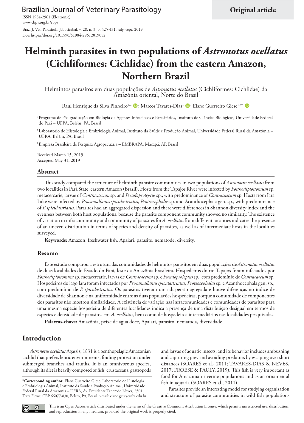 Helminth Parasites in Two Populations of Astronotus