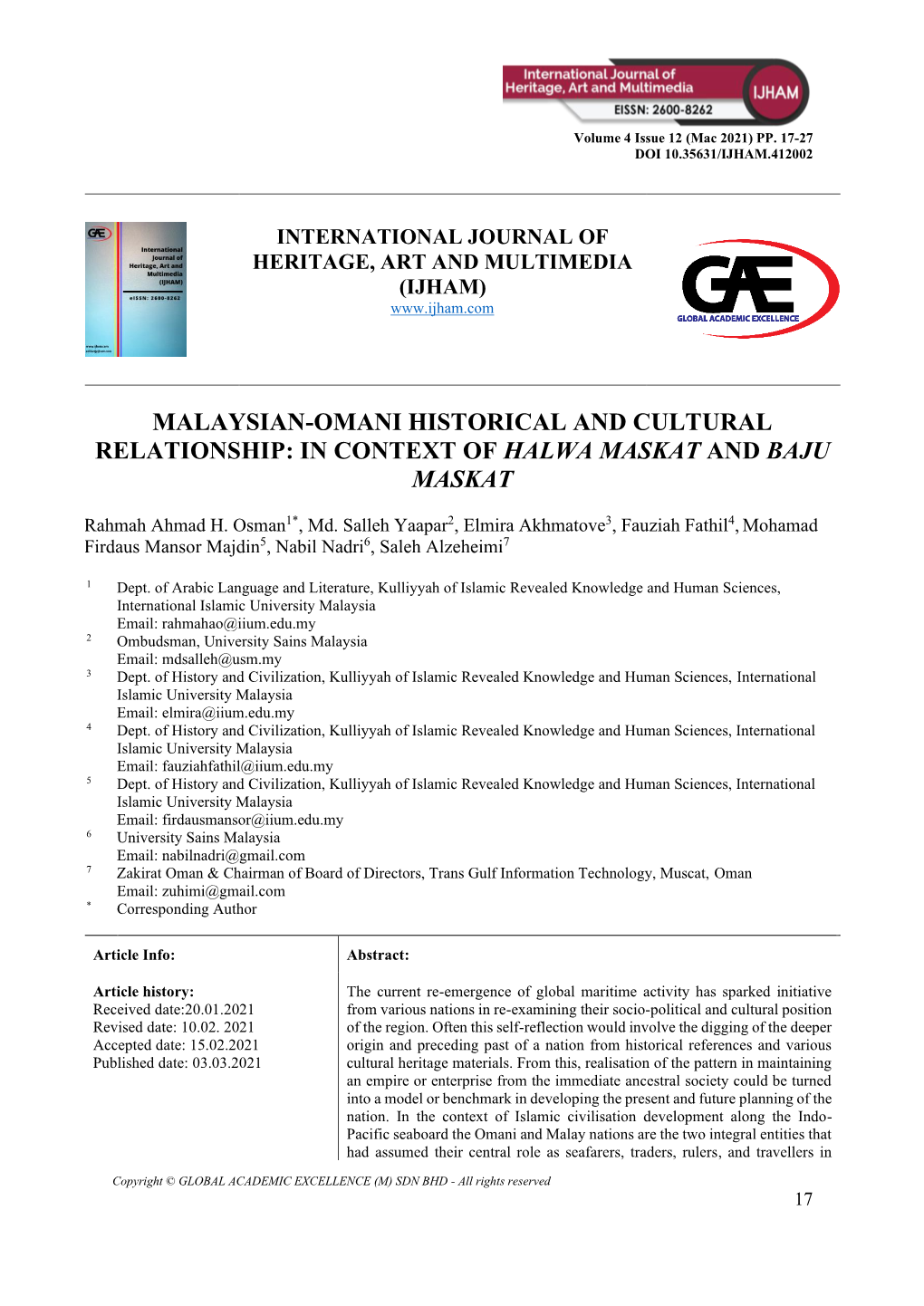 Malaysian-Omani Historical and Cultural Relationship: in Context of Halwa Maskat and Baju Maskat