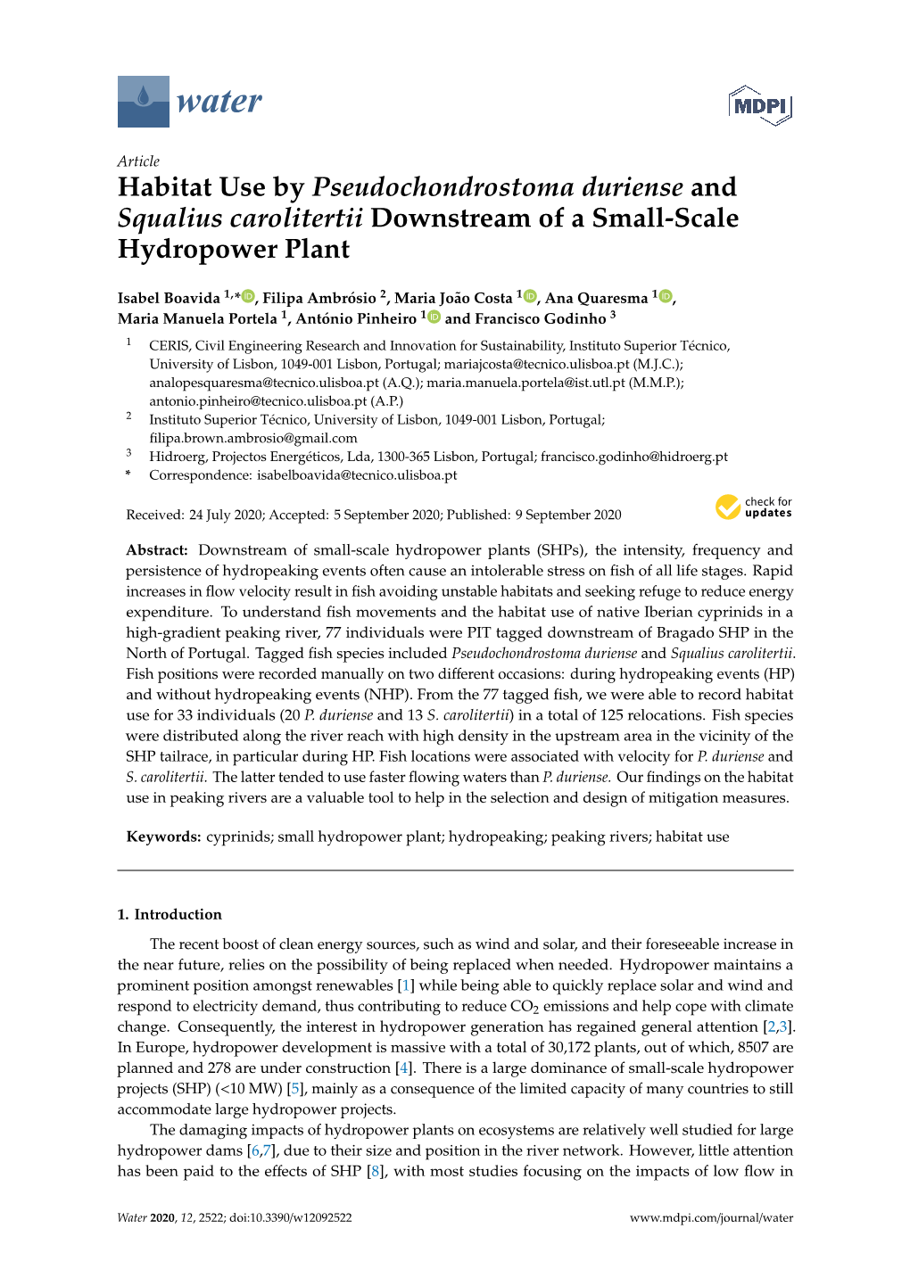 Habitat Use by Pseudochondrostoma Duriense and Squalius Carolitertii Downstream of a Small-Scale Hydropower Plant