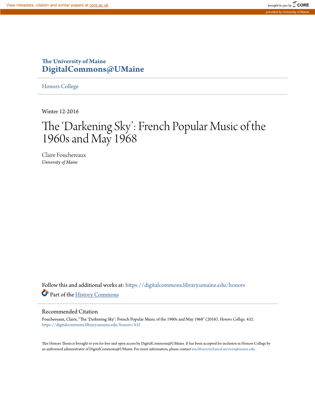 French Popular Music of the 1960S and May 1968 Claire Fouchereaux University of Maine