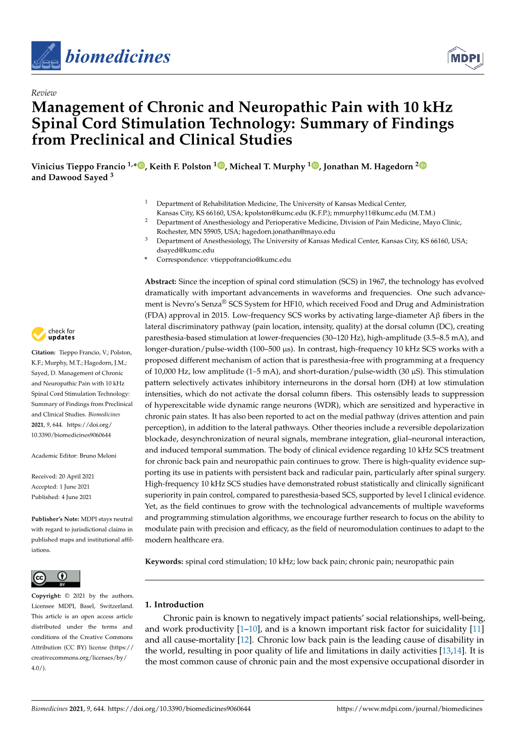 Management of Chronic and Neuropathic Pain with 10 Khz Spinal Cord Stimulation Technology: Summary of Findings from Preclinical and Clinical Studies