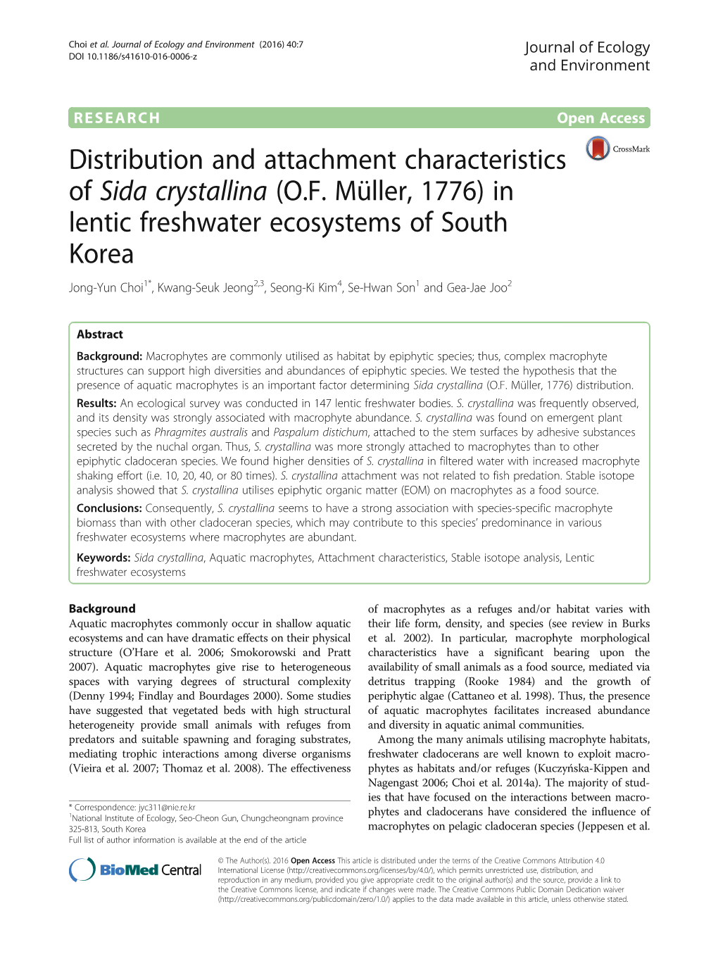 Distribution and Attachment Characteristics of Sida Crystallina (O.F