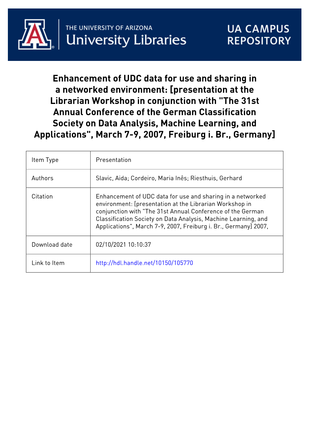 Enhancement of Udc Data for Use and Sharing in A