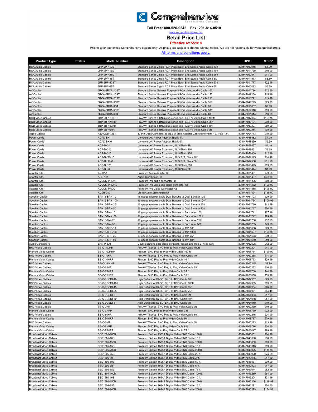 Comprehensiveco.Com Retail Price List Effective 6/15/2018 Pricing Is for Authorized Comprehensive Dealers Only