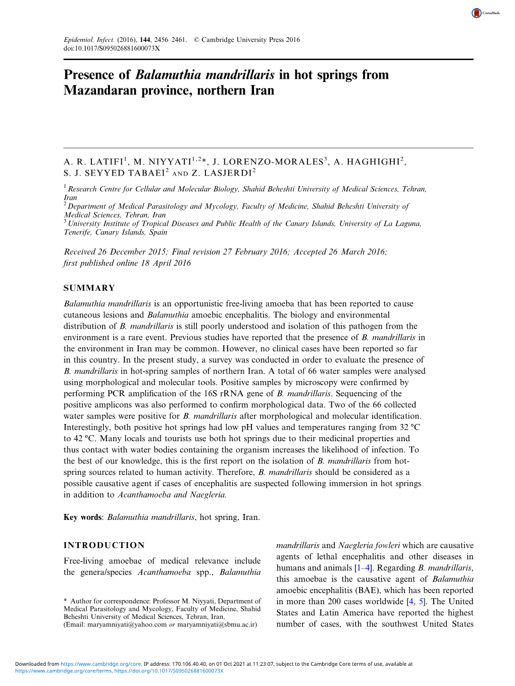 Presence of Balamuthia Mandrillaris in Hot Springs from Mazandaran Province, Northern Iran