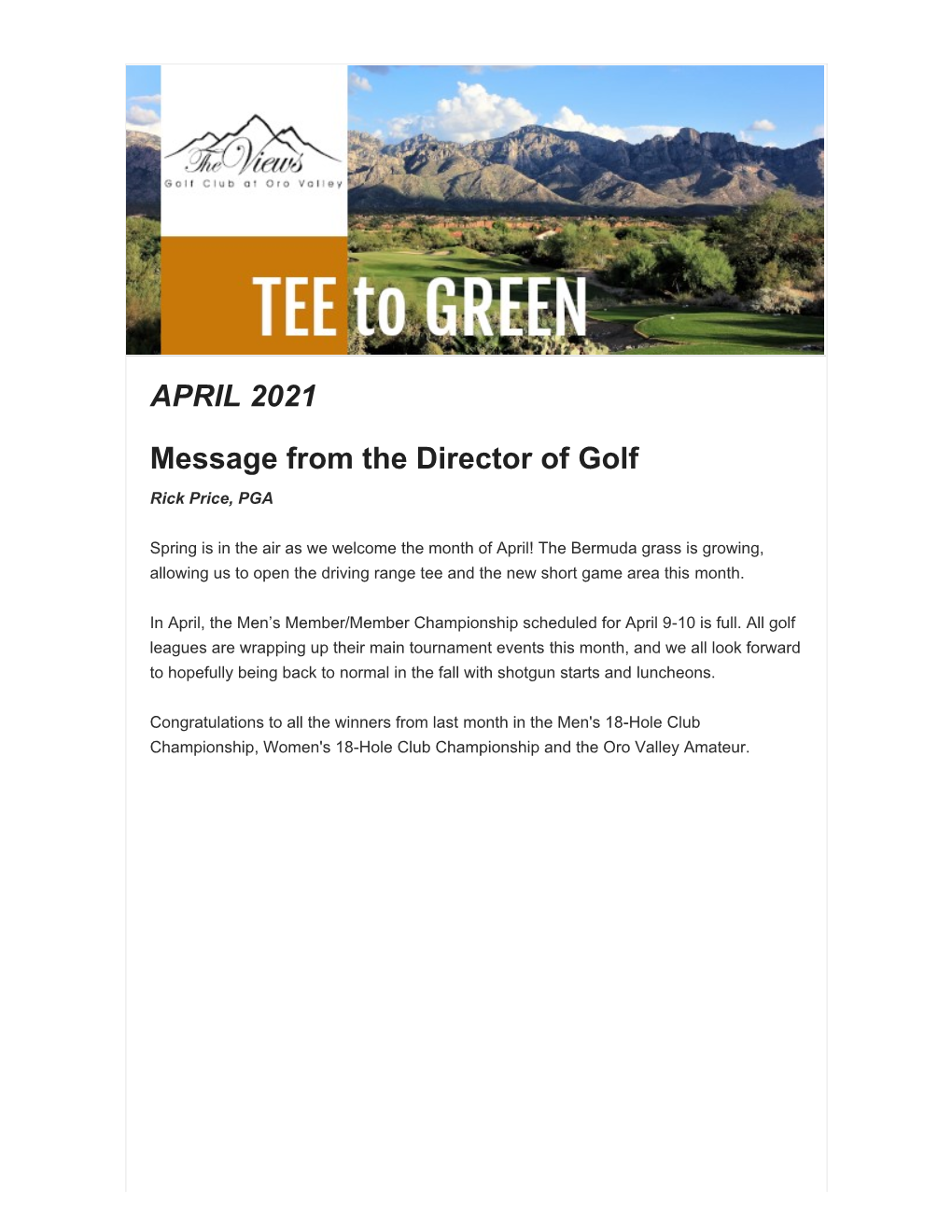 APRIL 2021 Message from the Director of Golf