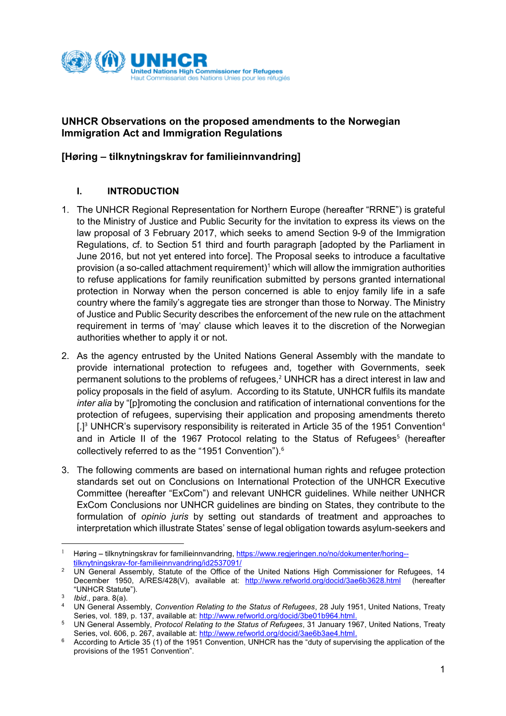 UNHCR Observations on the Proposed Amendments to the Norwegian Immigration Act and Immigration Regulations