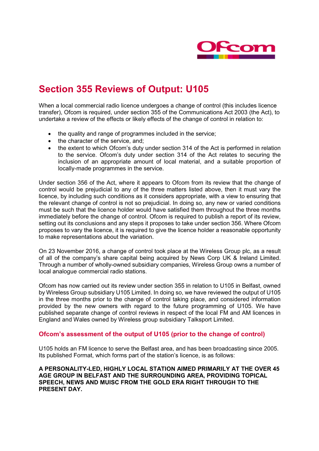 Section 355 Reviews of Output: U105