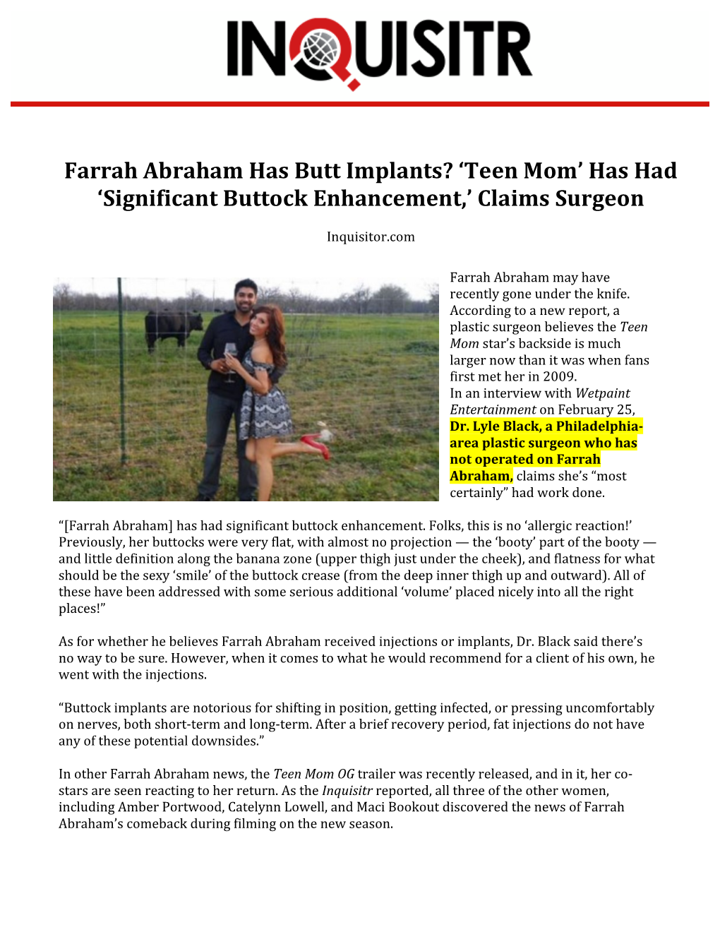 Farrah Abraham Has Butt Implants? ‘Teen Mom’ Has Had ‘Significant Buttock Enhancement,’ Claims Surgeon
