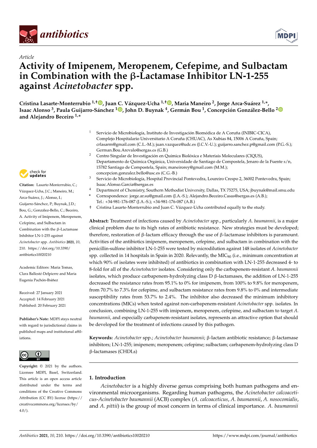 Activity of Imipenem, Meropenem, Cefepime, and Sulbactam in Combination with the Β-Lactamase Inhibitor LN-1-255 Against Acinetobacter Spp