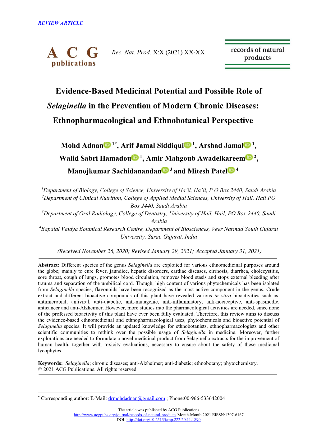 Evidence-Based Medicinal Potential and Possible Role of Selaginella in the Prevention of Modern Chronic Diseases: Ethnopharmacological and Ethnobotanical Perspective