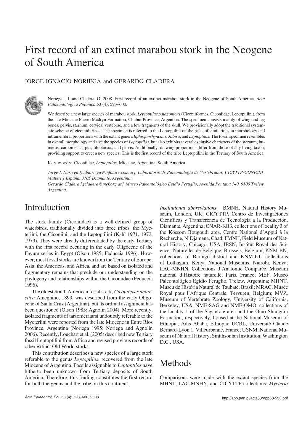 First Record of an Extinct Marabou Stork in the Neogene of South America