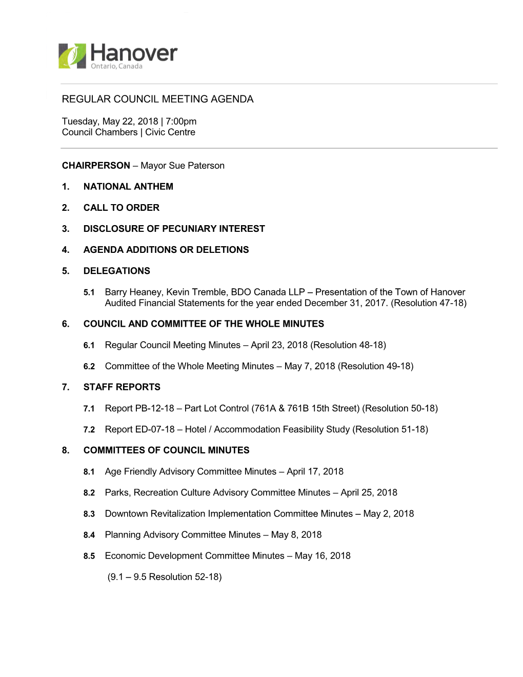Regular Council Meeting Agenda