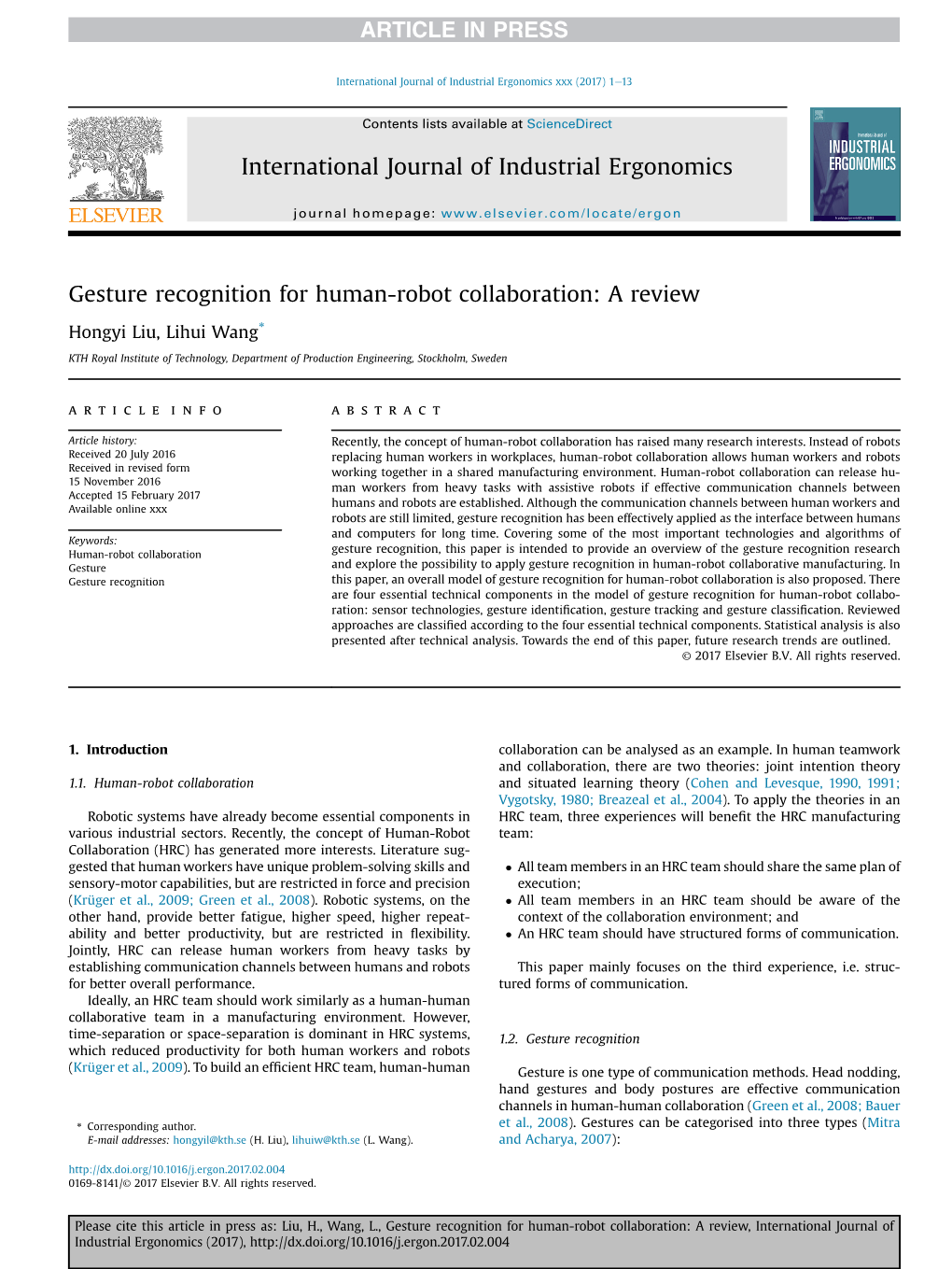 Gesture Recognition for Human-Robot Collaboration: a Review