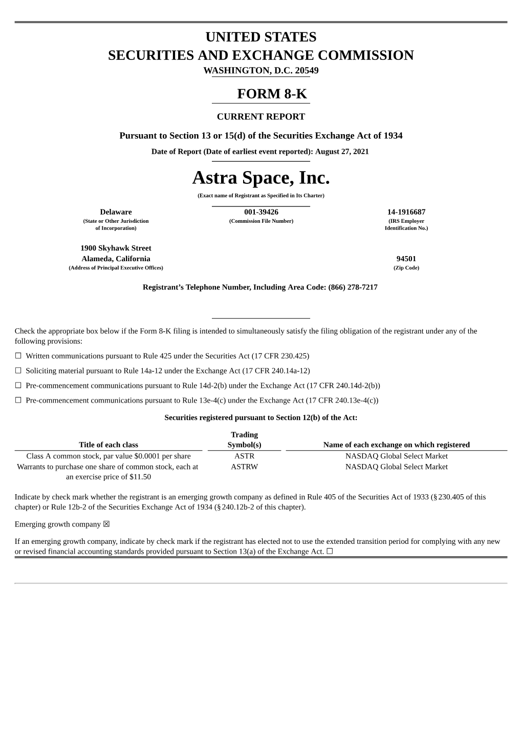 Astra Space, Inc. (Exact Name of Registrant As Specified in Its Charter)