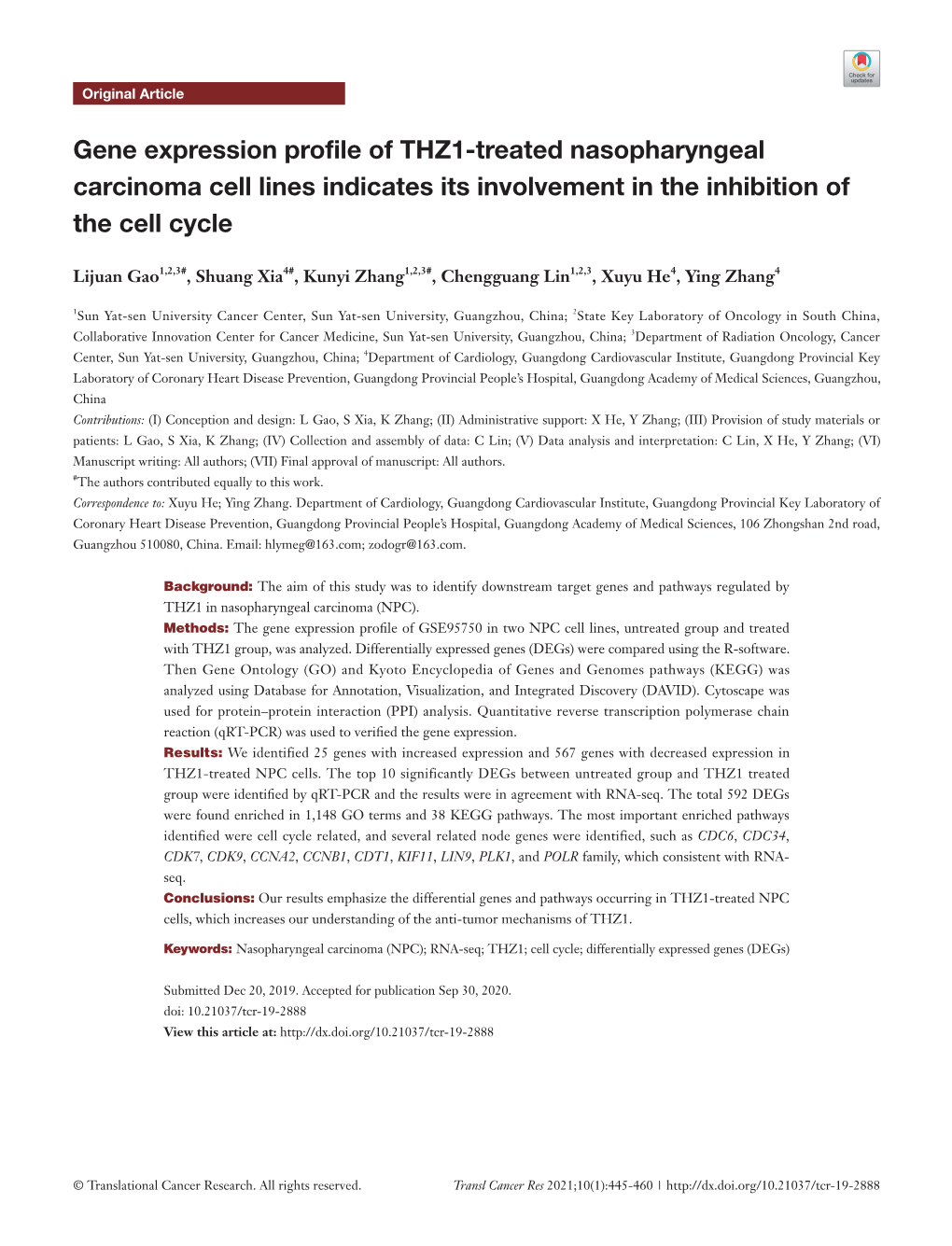 Gene Expression Profile of THZ1-Treated Nasopharyngeal Carcinoma Cell Lines Indicates Its Involvement in the Inhibition of the Cell Cycle