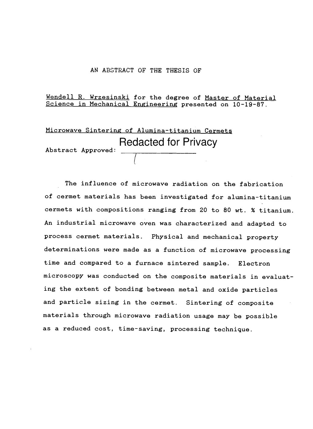 Microwave Sintering of Alumina-Titanium Cermets Redacted for Privacy Abstract Approved: (