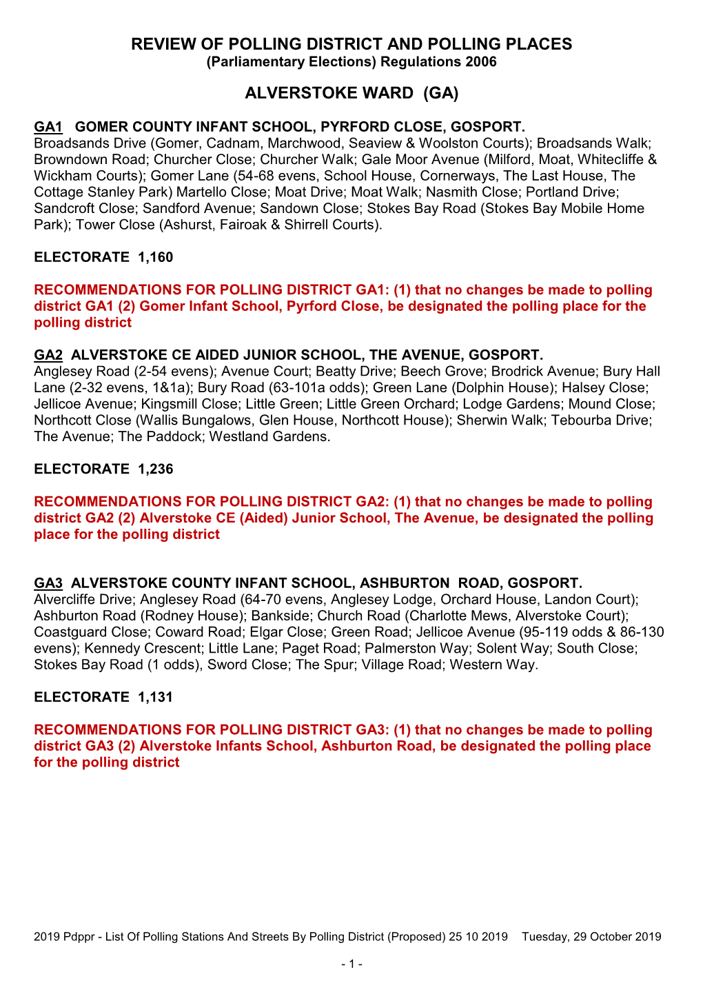 2019 Pdppr - List of Polling Stations and Streets by Polling District (Proposed) 25 10 2019 Tuesday, 29 October 2019