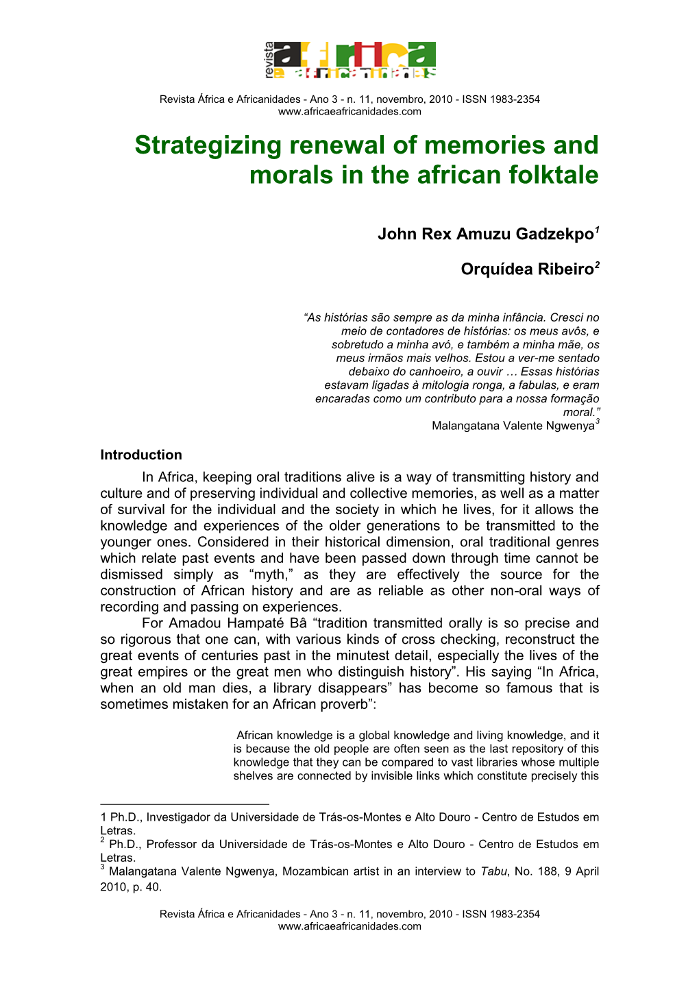 Strategizing Renewal of Memories and Morals in the African Folktale