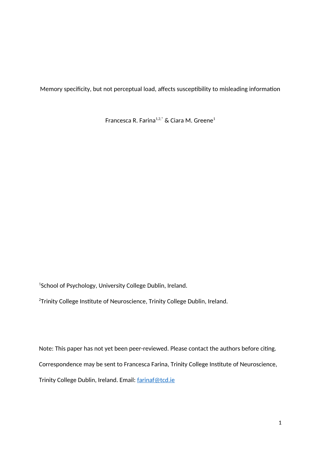 Memory Specificity, but Not Perceptual Load, Affects Susceptibility to Misleading Information