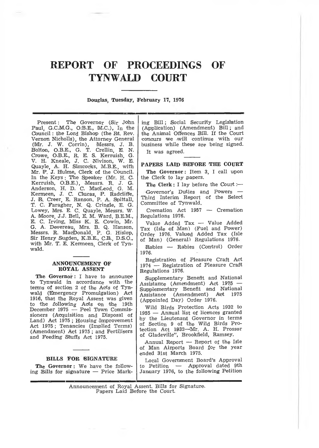 Report of Proceedings of Tynwald Court