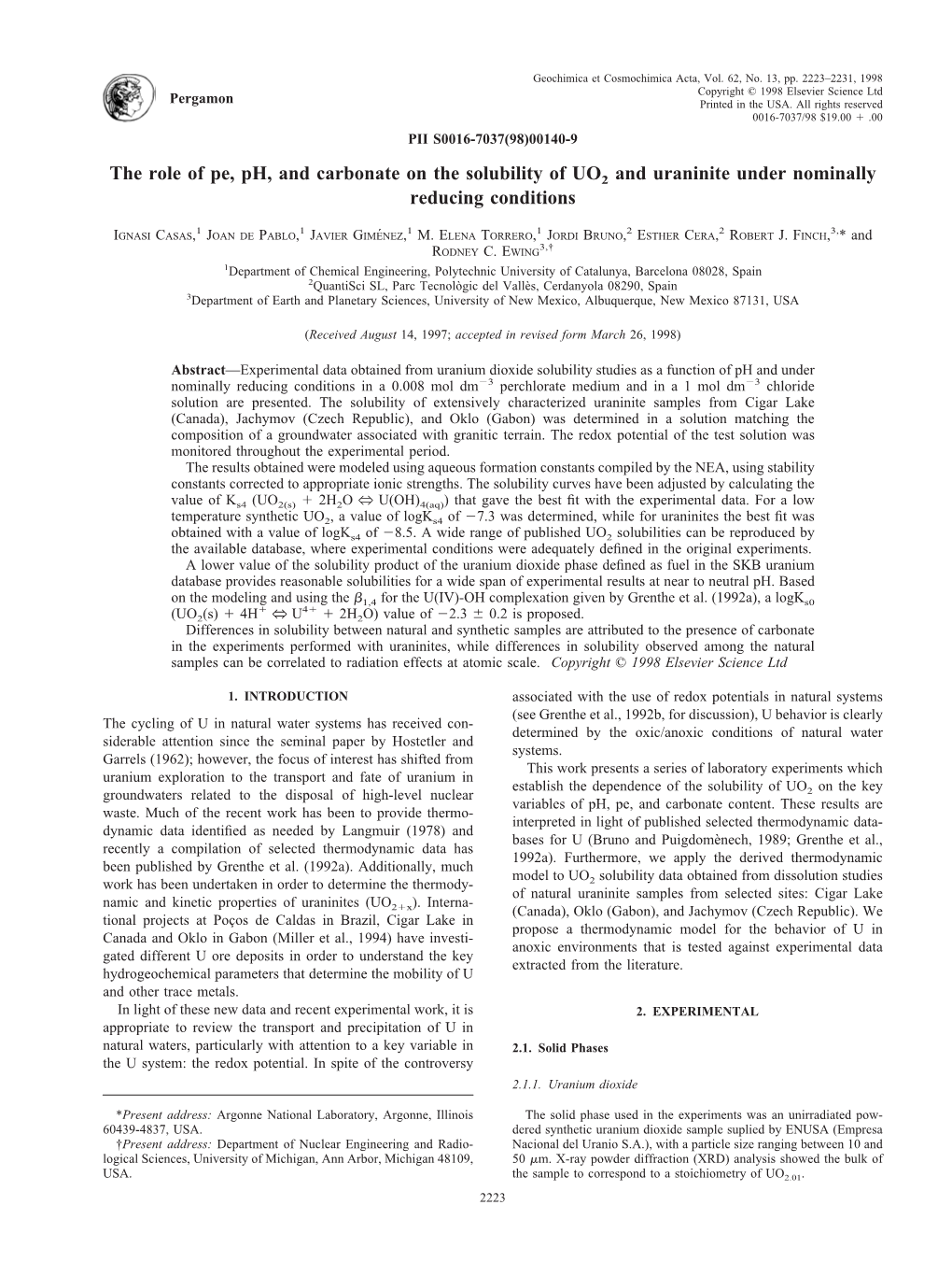 The Role of Pe, Ph, and Carbonate on the Solubility of UO2 and Uraninite Under Nominally Reducing Conditions