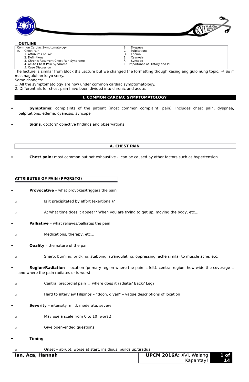 CARDINAL SYMPTOMS of HEART DISEASE Exam 1 | Dr. Donato Marañon | September 24, 2012