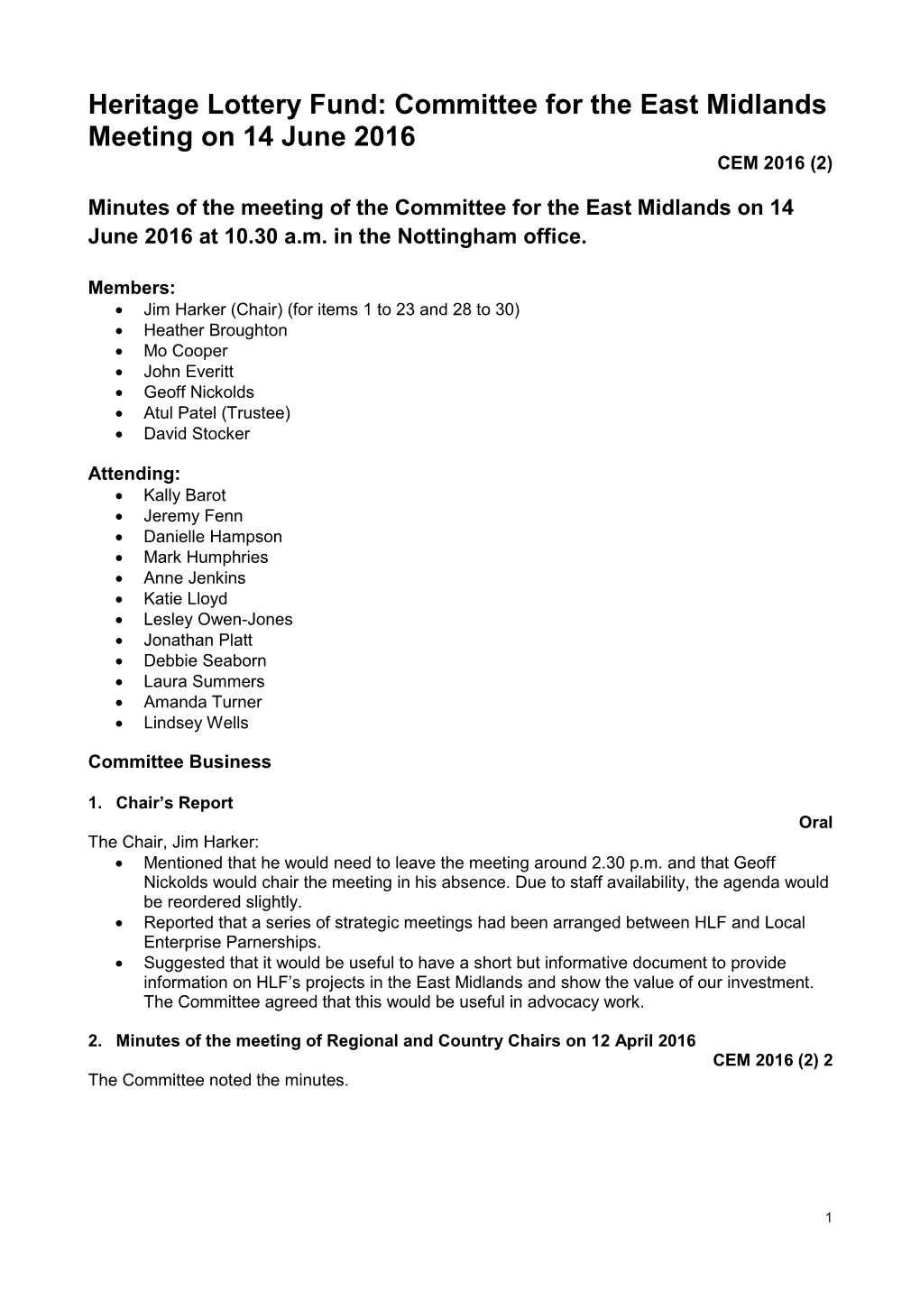 Committee for East Midlands Minutes of the June Meeting