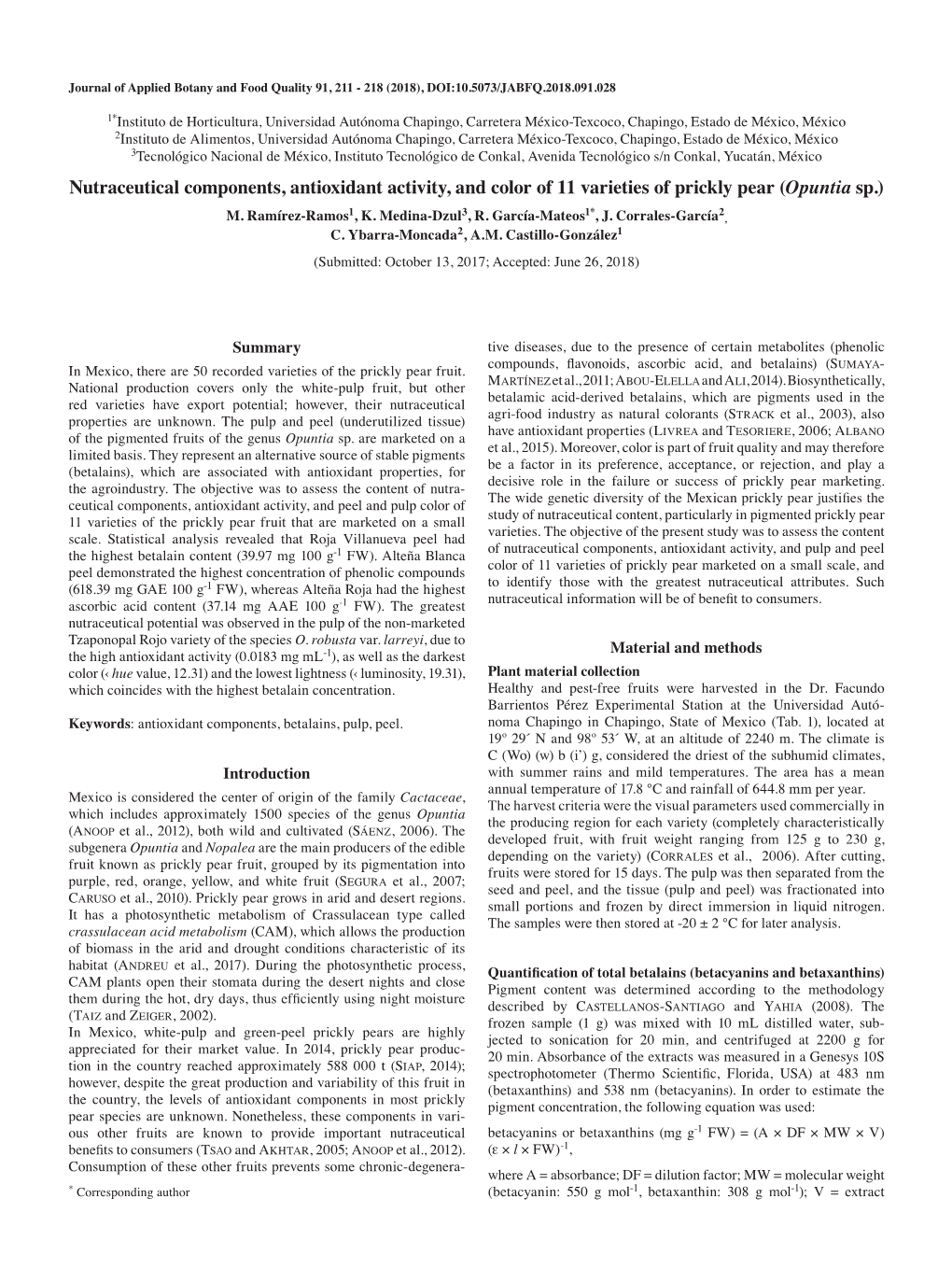 Nutraceutical Components, Antioxidant Activity, and Color of 11 Varieties of Prickly Pear (Opuntia Sp.) 1 3 1* 2 M