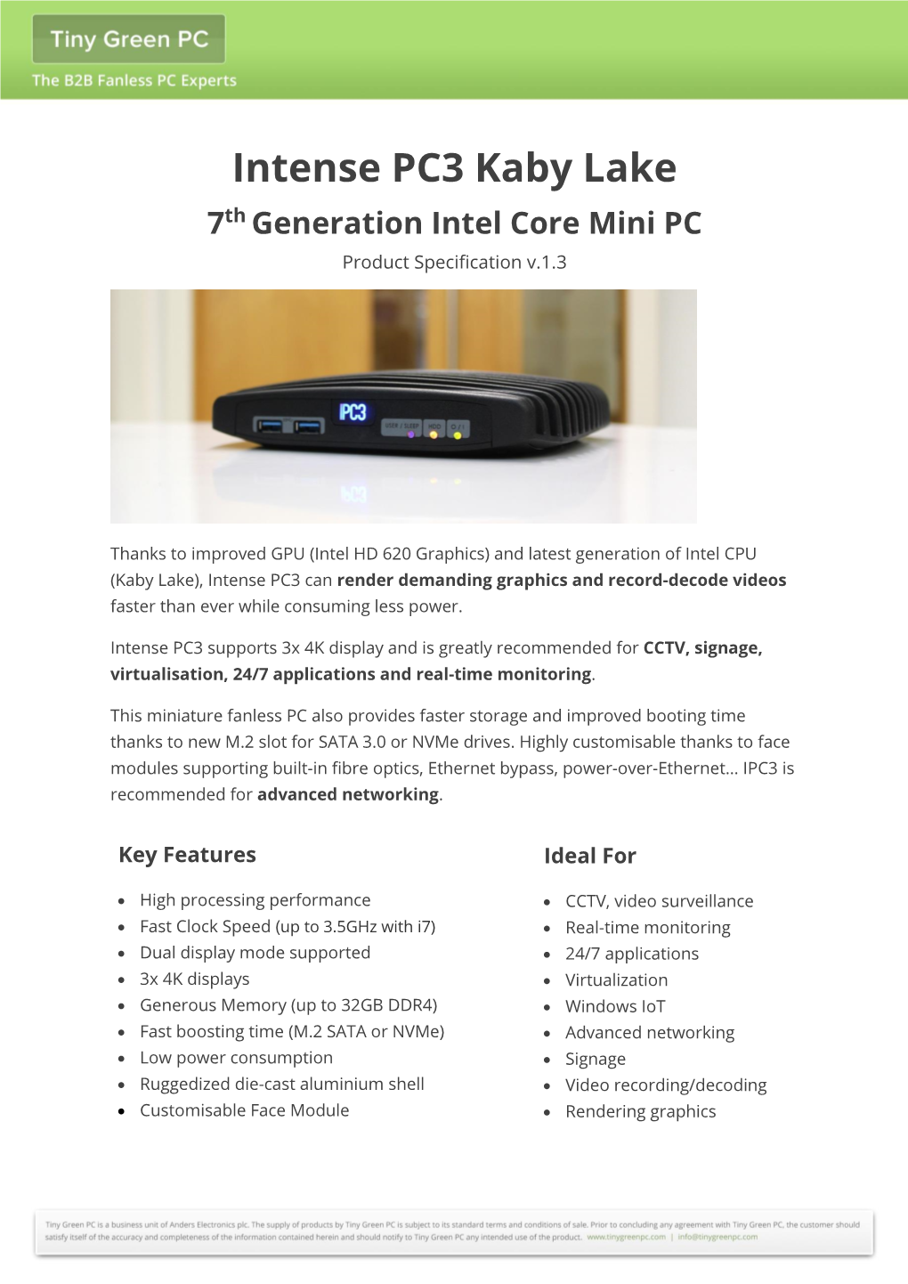 Intense PC3 Kaby Lake 7Th Generation Intel Core Mini PC Product Specification V.1.3