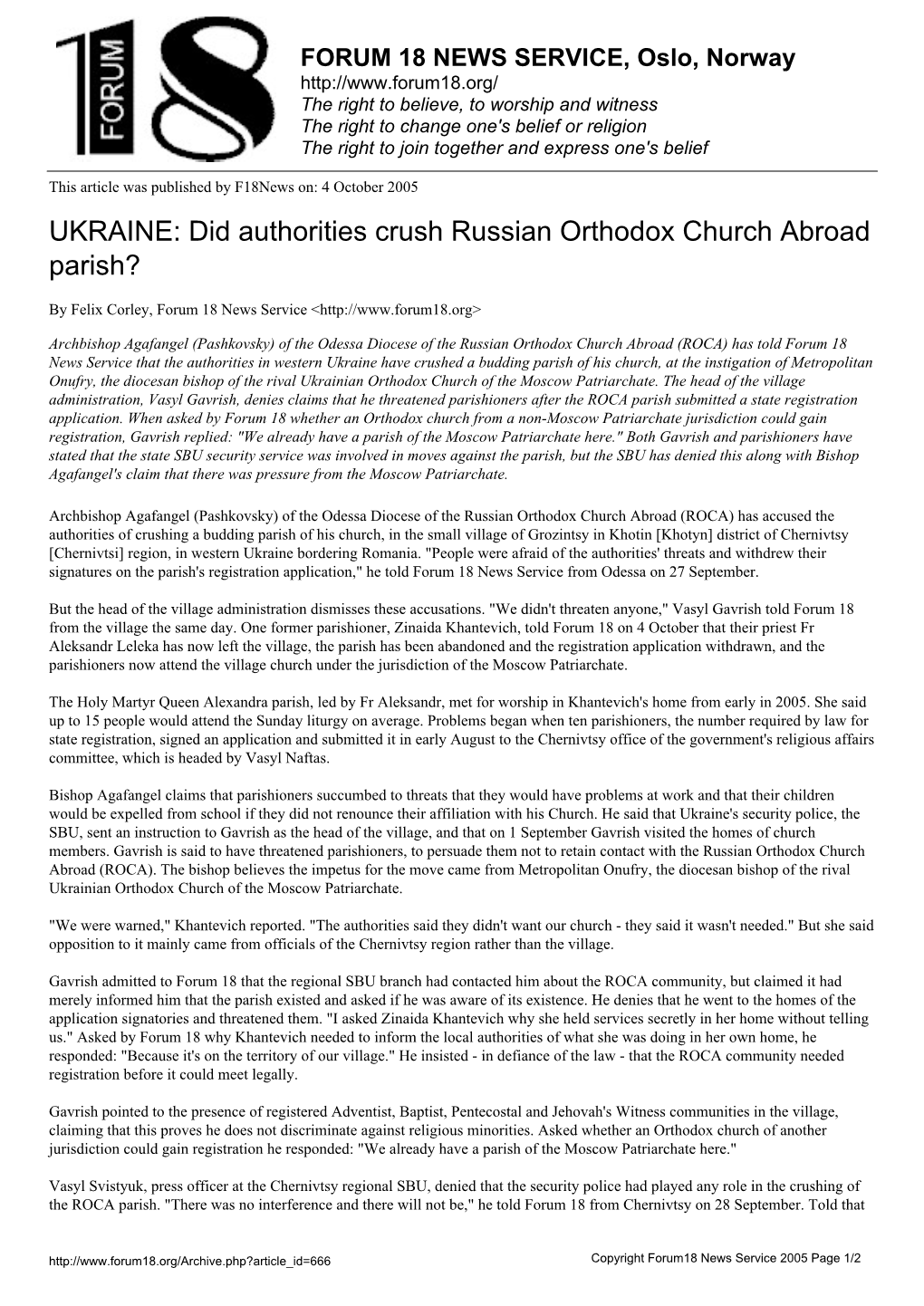 Did Authorities Crush Russian Orthodox Church Abroad Parish?