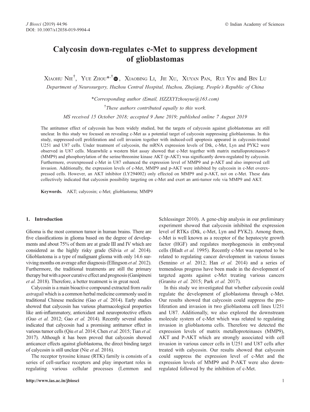 Calycosin Down-Regulates C-Met to Suppress Development of Glioblastomas