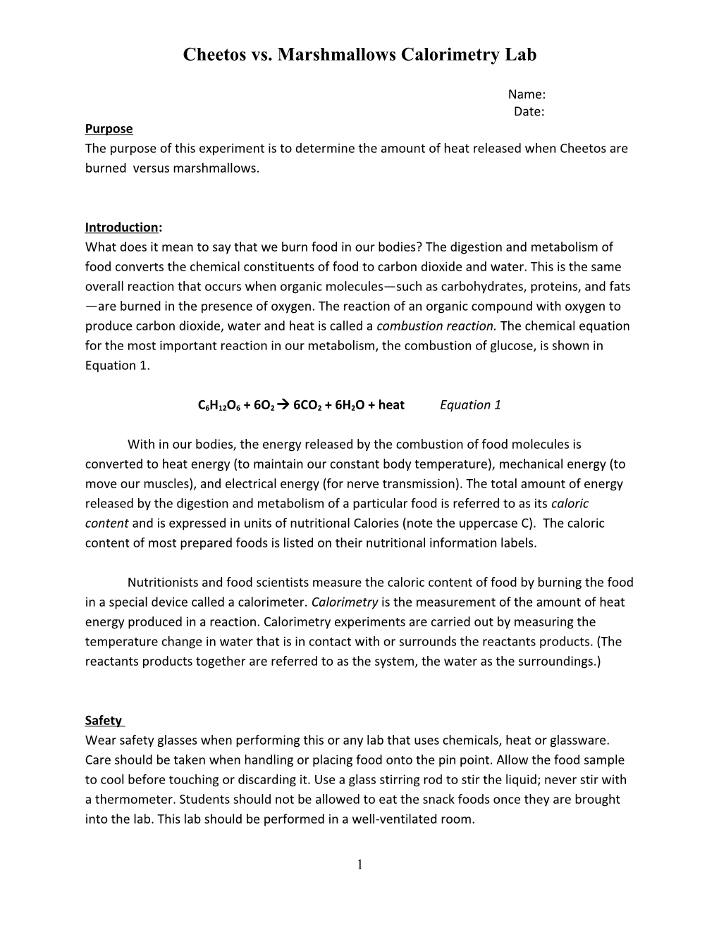 Cheetos Vs. Marshmallows Calorimetry Lab